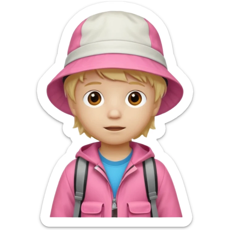 A little boy student white skin, blonde hair, with white bucket hat, orange jacket, pink backpack sticker