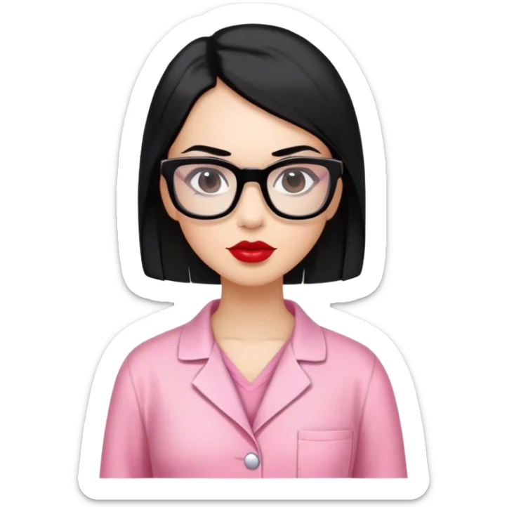 Mujer con cabello largo color negro lacio los ojos son de color negro y tiene lentes cuadrados color negros los labios son color rojo fuerte usa pijama de veterinaria color rosado  sticker
