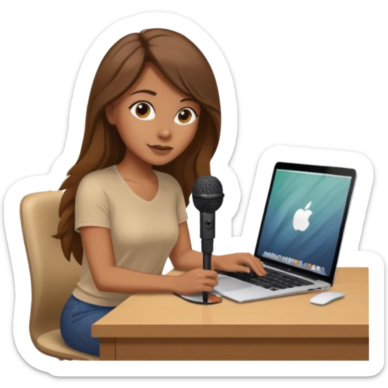 tanned brown long hair woman, sat at desk with MacBook, podcast microphone bleige top and vine color, sexy, glass table sticker