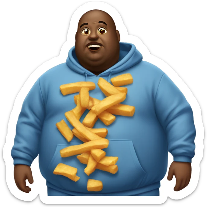 fat man in dirty blue sweatsuit with chili cheese fries in his mouth sticker