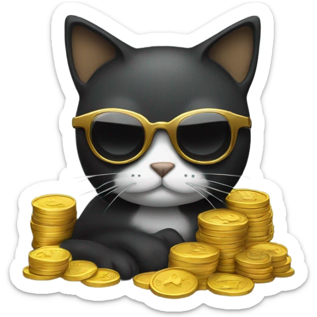 cat in brutal dark glasses with a bag of gold coins sticker