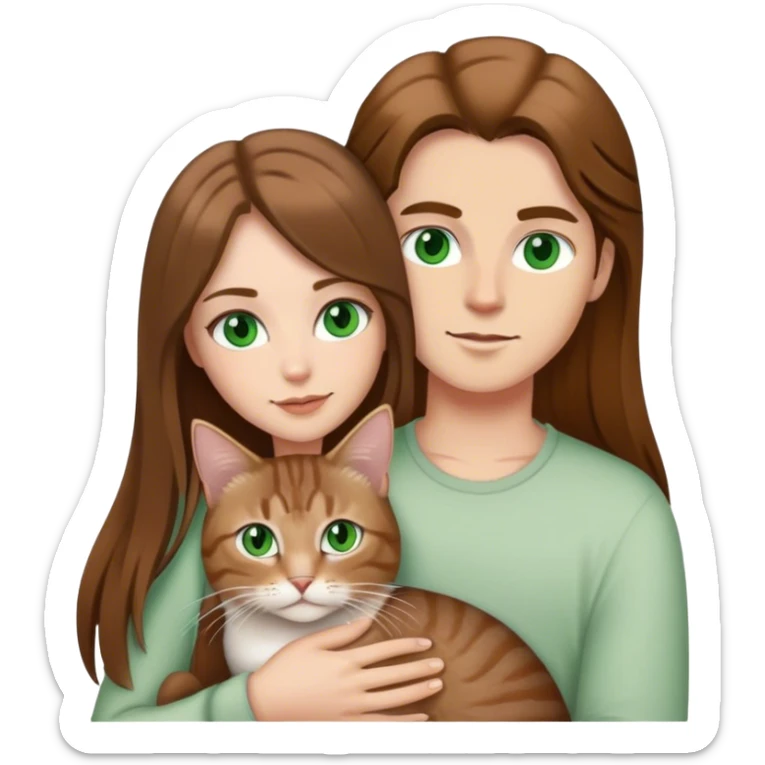 white couple with brown hair, woman has long hair and green eyes .they’re holding a tabby cat  sticker