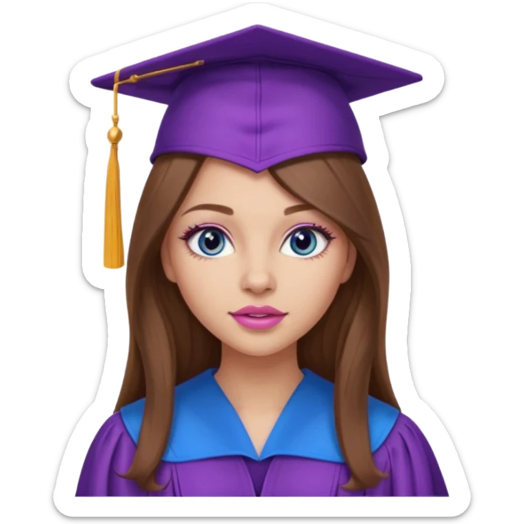 girl with gorgeous long brown hair, blue eyes, long lashes makeup, sexy pink lips, wearing a purple graduation cap and gown sticker