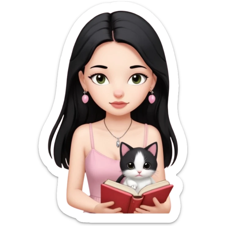 Menina branca ,cabelos cor preta longos, olhos cor preta puxados para cima. Cílios longos, lábios grossos ,nariz pequeno ,vestido rosa claro de alça. Colar e brinco bem pequeno. Lendo um livro com gatinho preto e branco. sticker