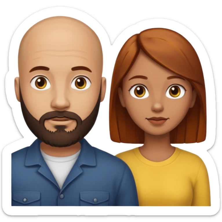 Couple. A bald man with dark brown beard and a girl with light skin. She has dark yellow brown auburn hair. Different skincolor. sticker