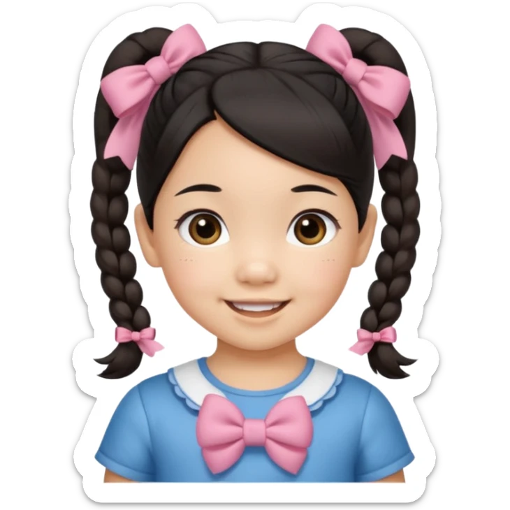mixed toddler girl asian and american with bow pigtails, dark brown/black hair with big brown eyes emoji sticker