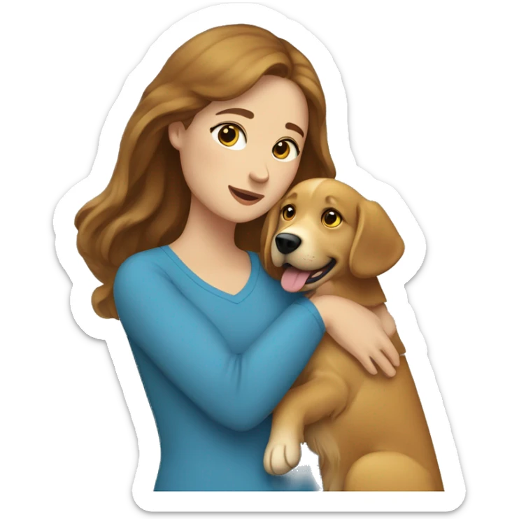 Woman with brown hair and blue eyes hugs golden retriever  sticker