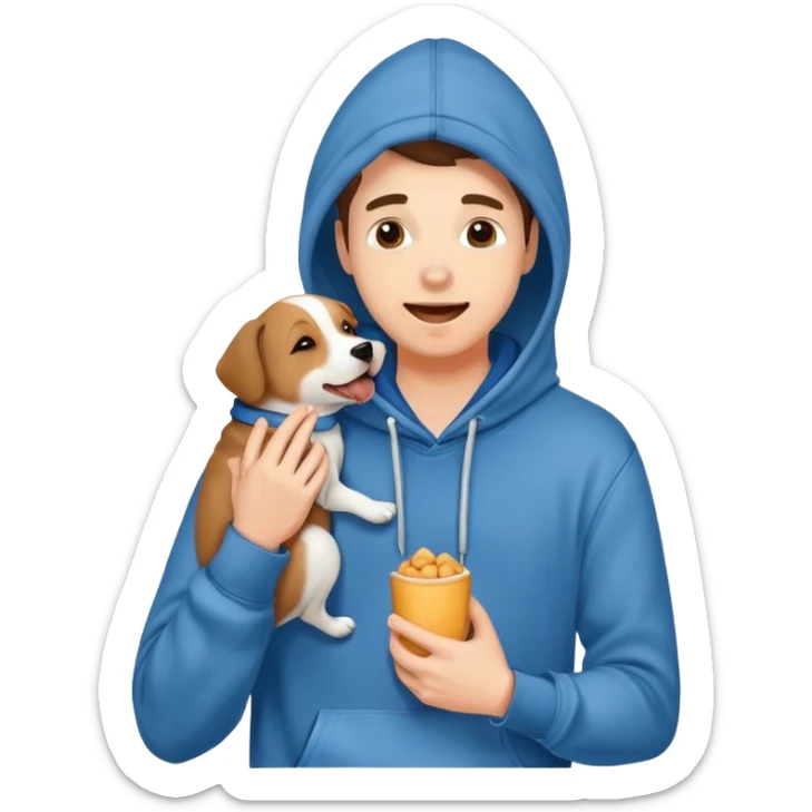 Cute dog lover boyfriend with soft smile, wearing hoodie and jeans, one dog licking his face sticker