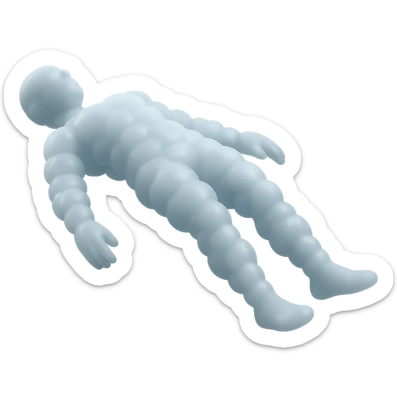 side view of unconscious person flying torso up, legs and arms down, made of small very bright white fluffy convex clouds, matte glass style sticker