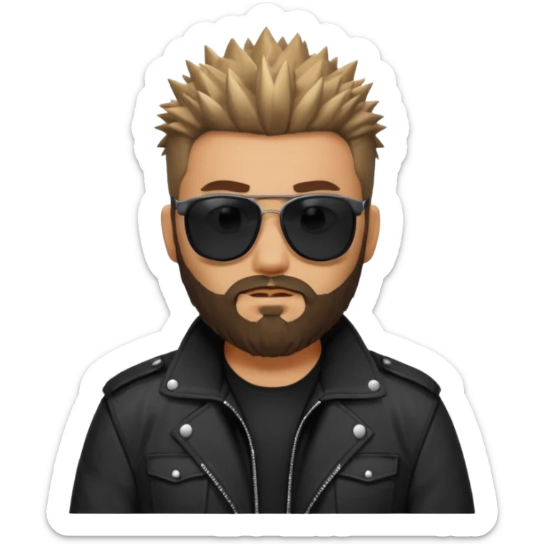 biker gang with black sunglass and rugged and bulky guy bearded spicks hair black jacket sticker