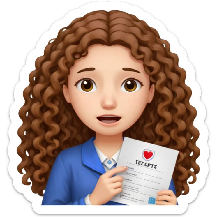 A girl with long curly brown hair crying shows an IELTS certificate with a score of 3.0  sticker