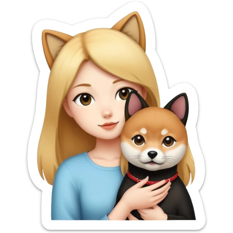 The girl is holding a black cat and a Shiba Inu sticker