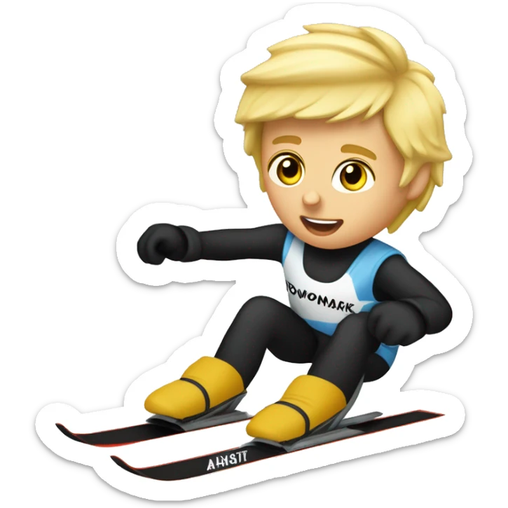 18 year old blonde boy slalom ski racing at 60 mph wearing a bib that says Rowmark. sticker
