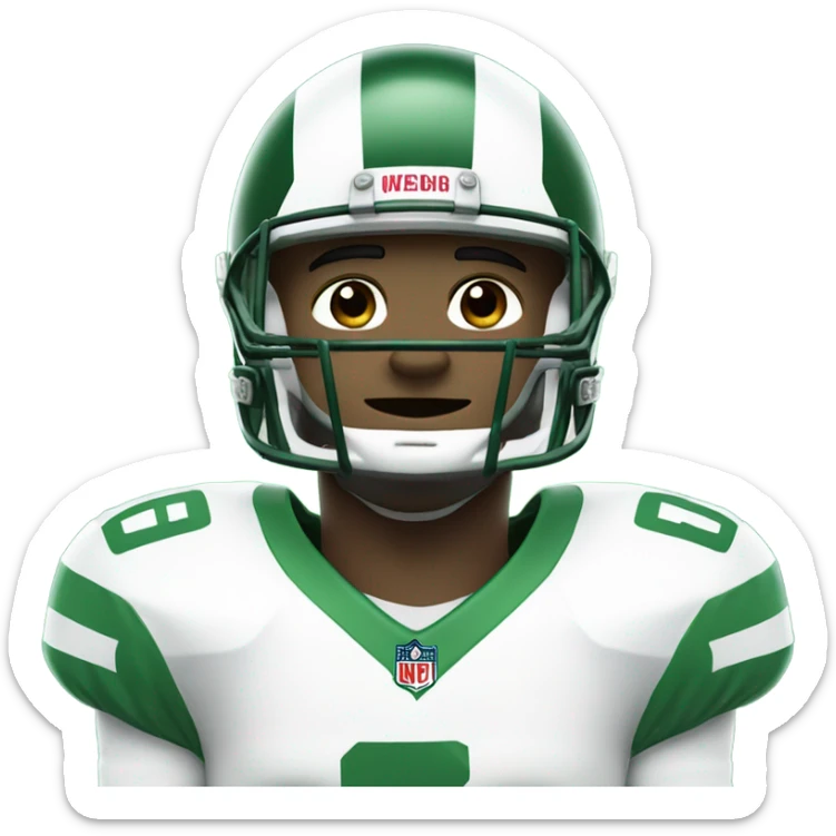Football player with a green jersey, white accents numbered 67 and a white helmet sticker