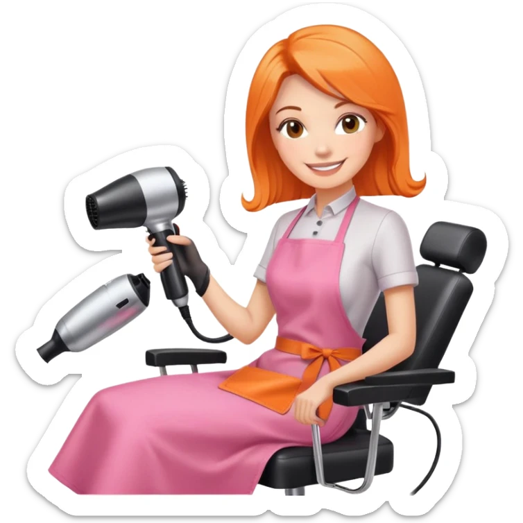 smiling woman client in pink apron sitting in salon chair, female hairstylist smiling behind her with orange apron, holding a hairdryer in right hand sticker