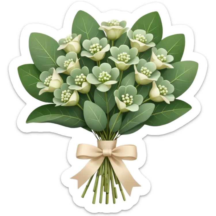 bouquet of eucalyptus and gypsophila flowers with beige ribbon sticker