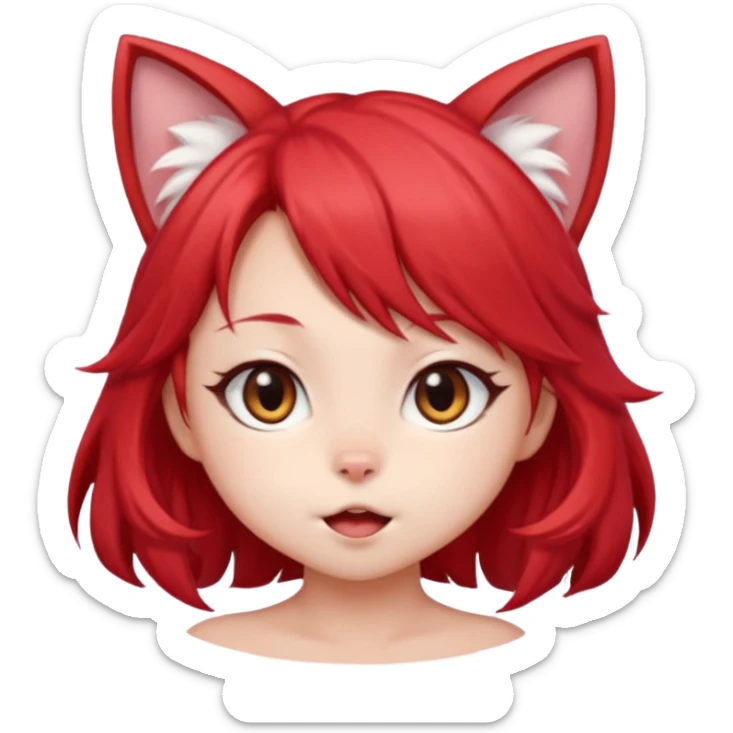very cute anime cat-girl with small cat ears, red blowing hair sticker