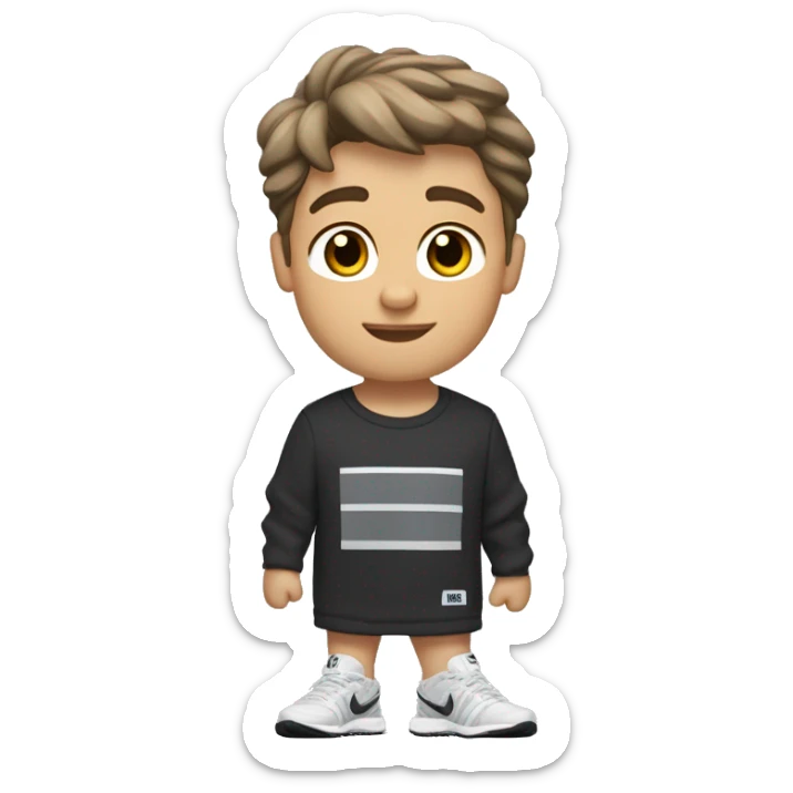 A very little tanned white boy with brown hair is very important that he has brown hair, short and a little wavy, with New Balance 1906R Grey, white Nike socks, a black Nike running jogging and a black Under Armour t-shirt. sticker