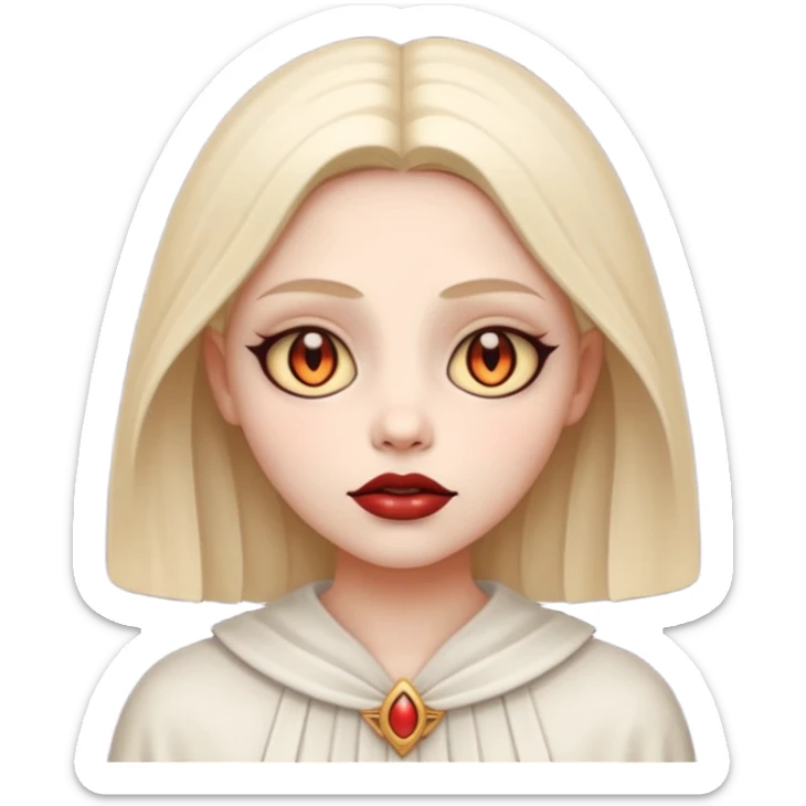 Stylized cult cartoon girl emoji, eerie-cute aesthetic, symmetrical design, subtle spooky vibe, glowing eyes, saying “AMILK”, bold graphic icon sticker