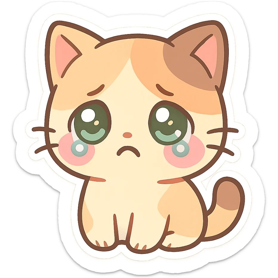 kawaii chibi-style cat emoji with pastel orange and brown cream fur, anime-style sad expression, sparkly green eyes, blushing cheeks, pastel color palette, soft rounded design, vector art sticker