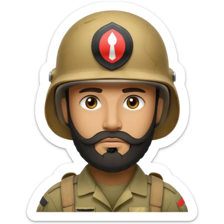 VERY TIRED, swarthy, Iraqi soldier in a helmet, helmet without insignia, with a beard sticker