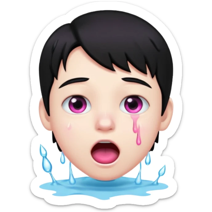 Boy with black hair, pink eyes rolled back, mouth open , water drop dripping from lips sticker