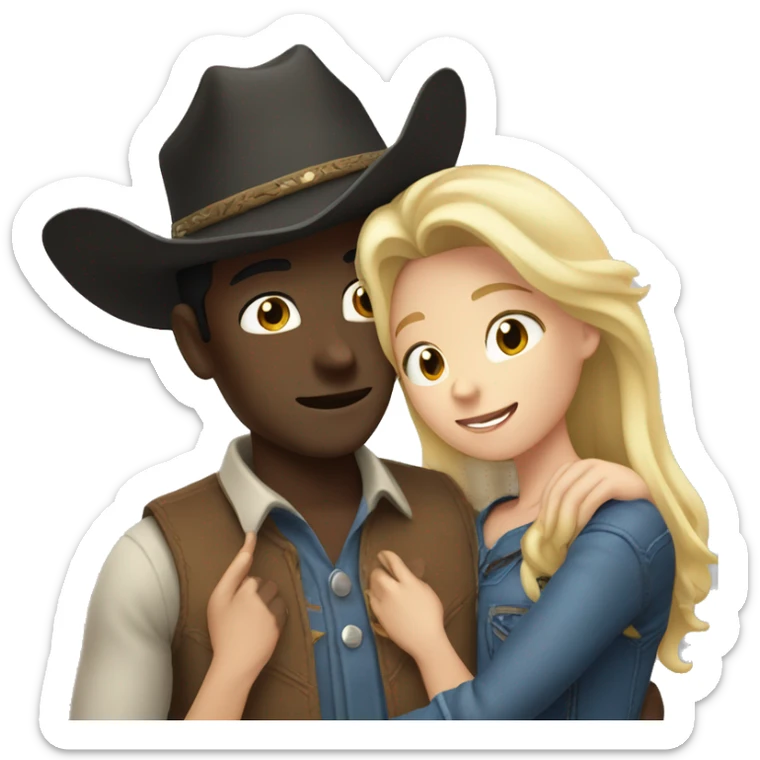 girl with blonde hair and a cowboy hat hugging a dark skinned guy with long black hair and a cowboy hat sticker