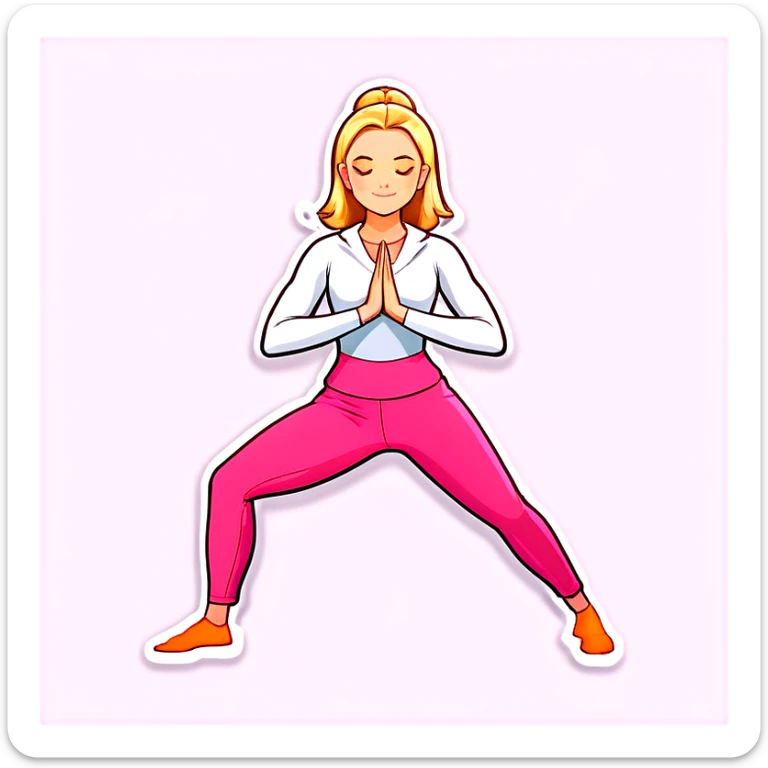Woman with blonde hair with split in the middle and waist-length hair, honey-colored eyes, doing yoga with a pink suit sticker