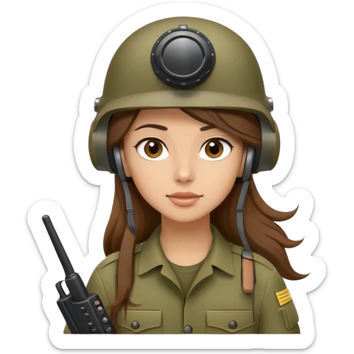 Soldier girl long brown hair army helmet with radio sticker