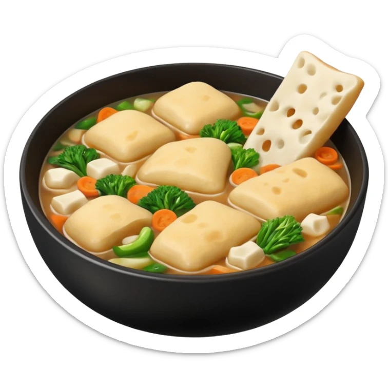 A black bowl filled with soft, uneven pieces of dough floating in a clear Korean broth, with sliced vegetables on top. Soft, flat dough pieces torn by hand into random shapes—some oval, some triangular, and some wavy—with rough, natural-looking edges. sticker