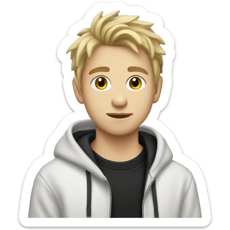 White teenage boy with scruffy dirty blond hair smug look in black hoodie sticker