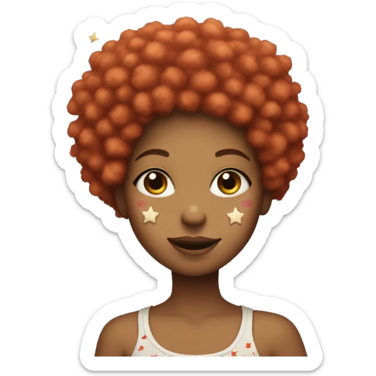 Girl with sandy red afro holding up the peace sign with stars on face sticker