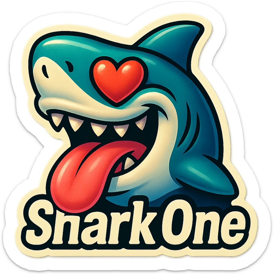 mouth open with tongue out heart shaped eye add the words “ Shark One " in White sticker