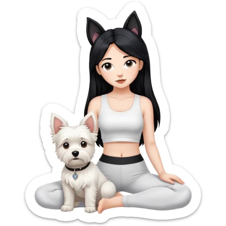 A girl with long black hair in a white crop top and black legging,she is holding a west highland terrier with big ears  sticker