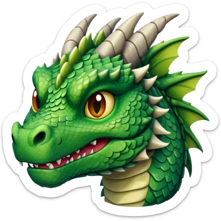 Cinematic Noble Giant Green scaled Dragon Portrait Emoji, Poised and awe-inspiring, with a massive, rugged form carved from ancient stone, featuring intricately textured scales that resemble weathered granite and basalt, and piercing, stony eyes echoing the strength of timeless mountains; rendered with lifelike detail and earthy natural highlights, high shine, formidable and grounded, styled with an aura of primordial majesty, focused and resolute, soft glowing outline, capturing the essence of an enduring rock titan ready to surge from the screen with ageless power! sticker