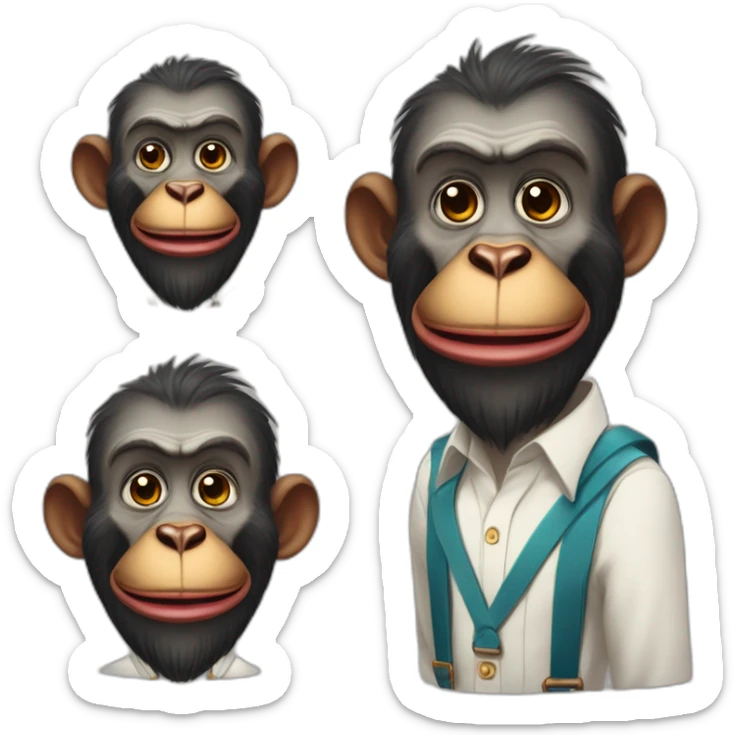 Funny Mandrill with a human look bold with beard wears a shirt and Suspenders in the shirt neck a butterfly like a clown putting his index finger in his nose sticker