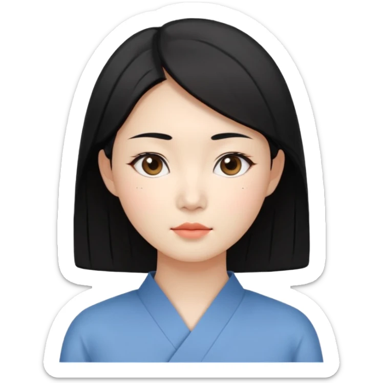 Korean woman, East Asian features,
female human avatar,
front face icon style,
large head, minimal neck,
neutral expression, calm mood,
simple black hair,
flat illustration style,
clean background sticker
