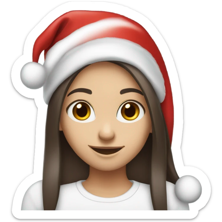 White skinned girl with long dark brown straight hair with a Santa hat on smiling sticker