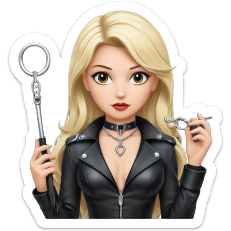 Dominatrix with blonde hair, leather outfit, long key necklace, and a whip sticker
