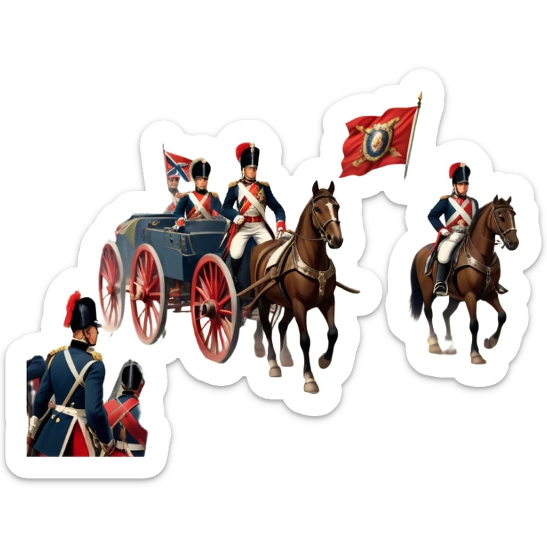 A vintage movie poster-style design depicting a dramatic Napoleonic War scene. Include soldiers in period uniforms, cannons, and a battlefield with flags and horses. The background should evoke a sense of battle and history, with old-fashioned cinematic flair. Transparent background. sticker