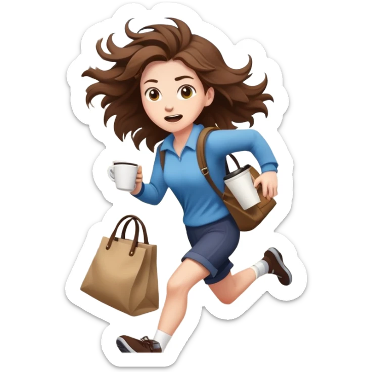cartoon character running frantically with coffee and bag, messy hair, city street background sticker