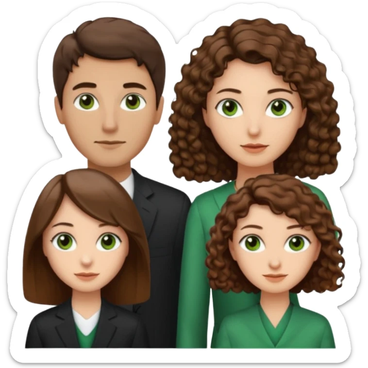 Man in the middle with brown straight hair and green eyes, women next to him with short brown hair with slight waves, tall women on right side with shoulder length curly hair and brown eyes sticker