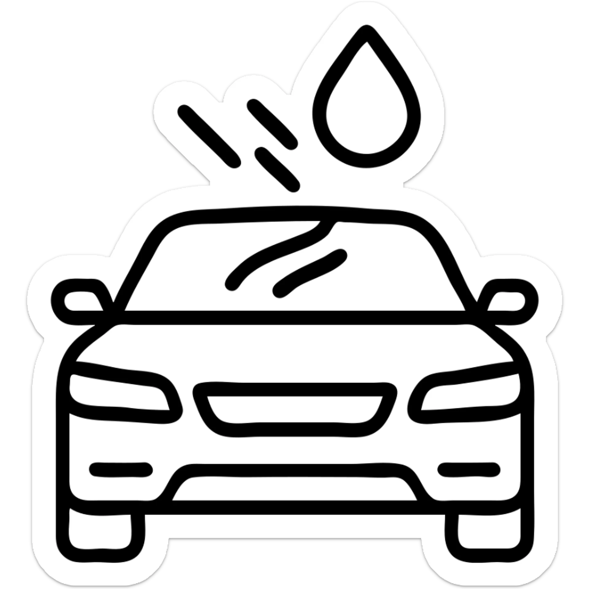 outlined icon of a full premium vehicle with glossy black paint, water droplet sliding on the hood or roof, clean lines, subtle repellent effect with water lines moving away, modern and simple sticker