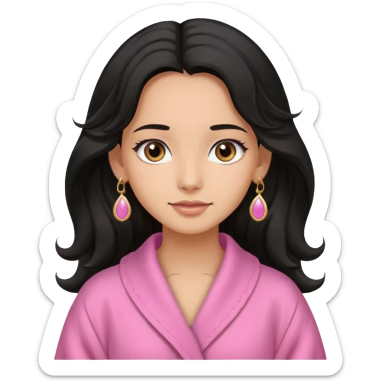 A girl who has long wavy black hair, has slightly tan skin tone, wering a pink robe, has pale brown eyes, wearing cute earring sticker