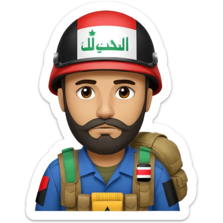 A very tired and sad, swarthy Iraqi soldier with a beard, an Iraqi flag on his helmet, a sad expression and bags under his eyes sticker