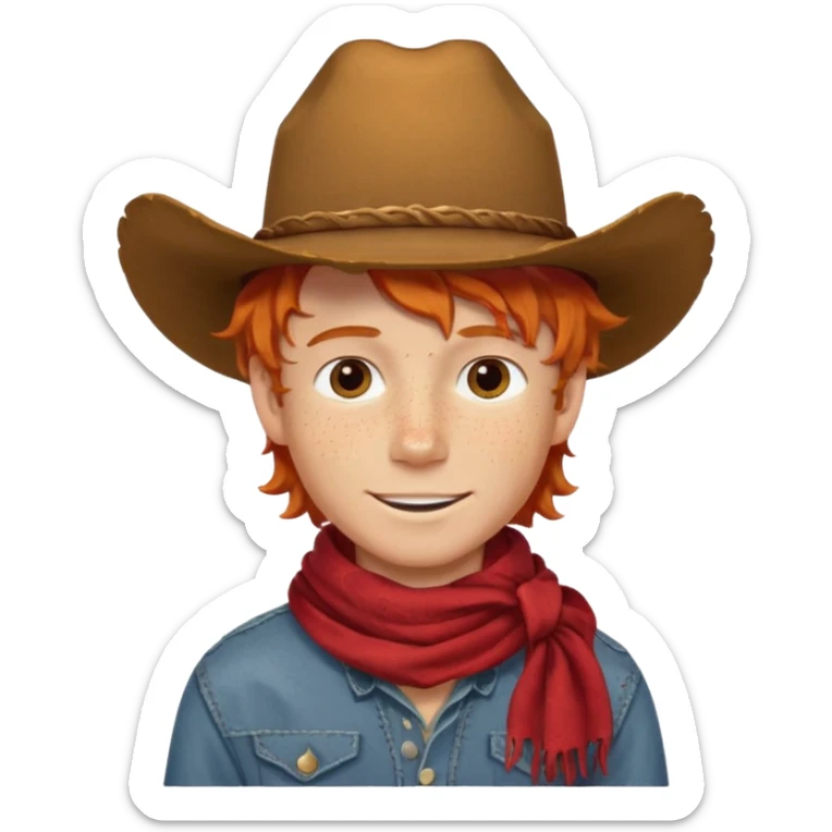 a wavy orange hair boy wearing a cowboy hat with a mischievous grin and freckles with western red scarf on his neck sticker