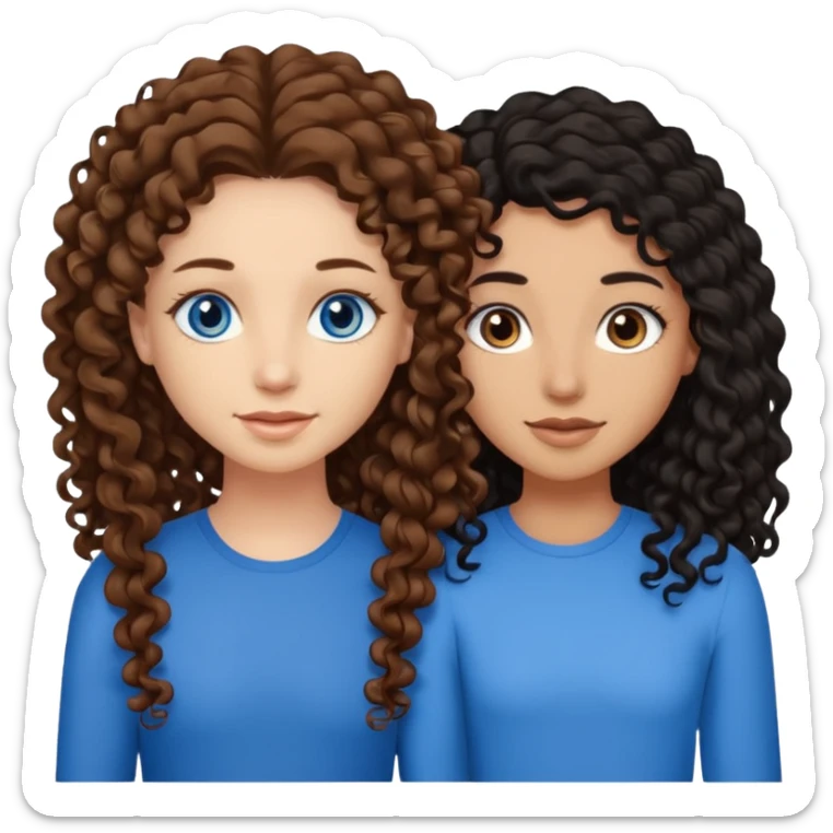 Two best friends .bestie 1: beige skin with brown long hair and blue eye. Bestie 2:mixed race skin with curly black hair and brown eye sticker