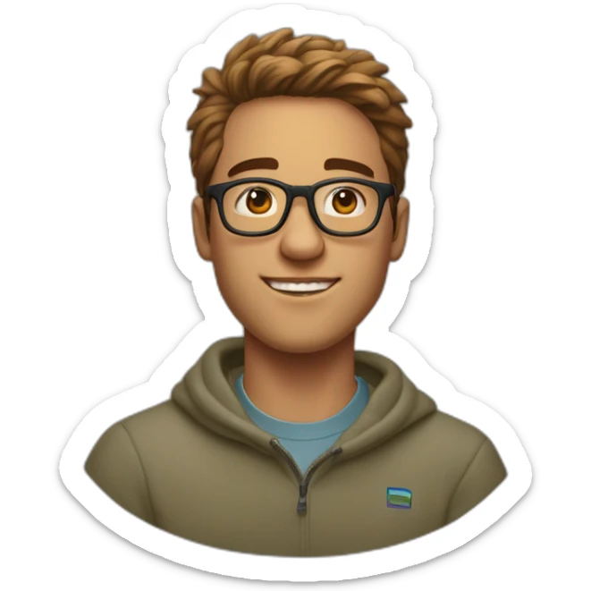 21 year old tech founder man swooped hair clear glasses wide head Patagonia sweater sticker