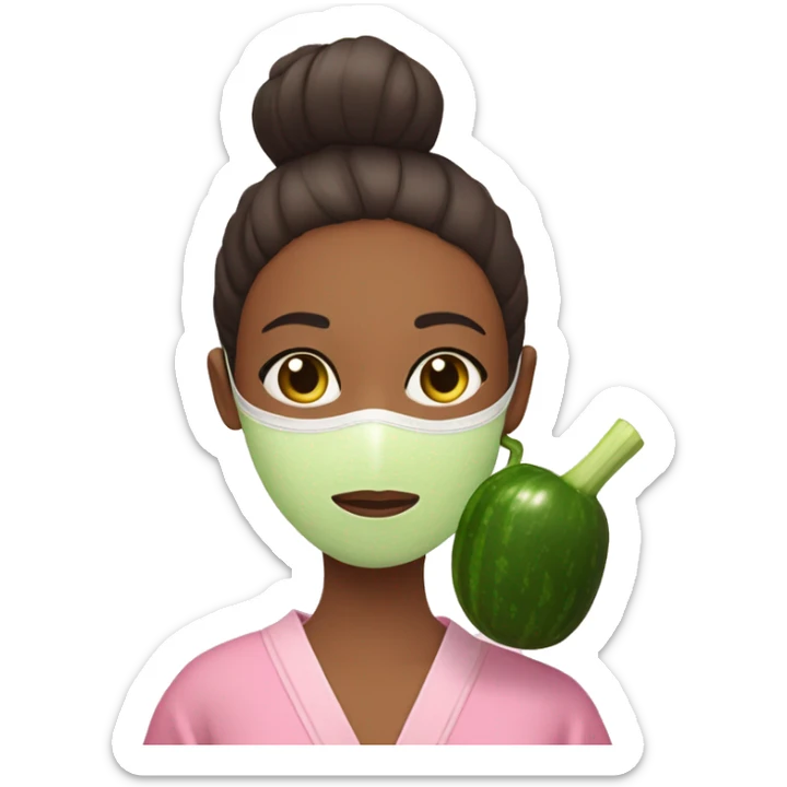 Girl with a bun and a pink robe with a green skincare mask on and one cucumber slice on each eye sticker