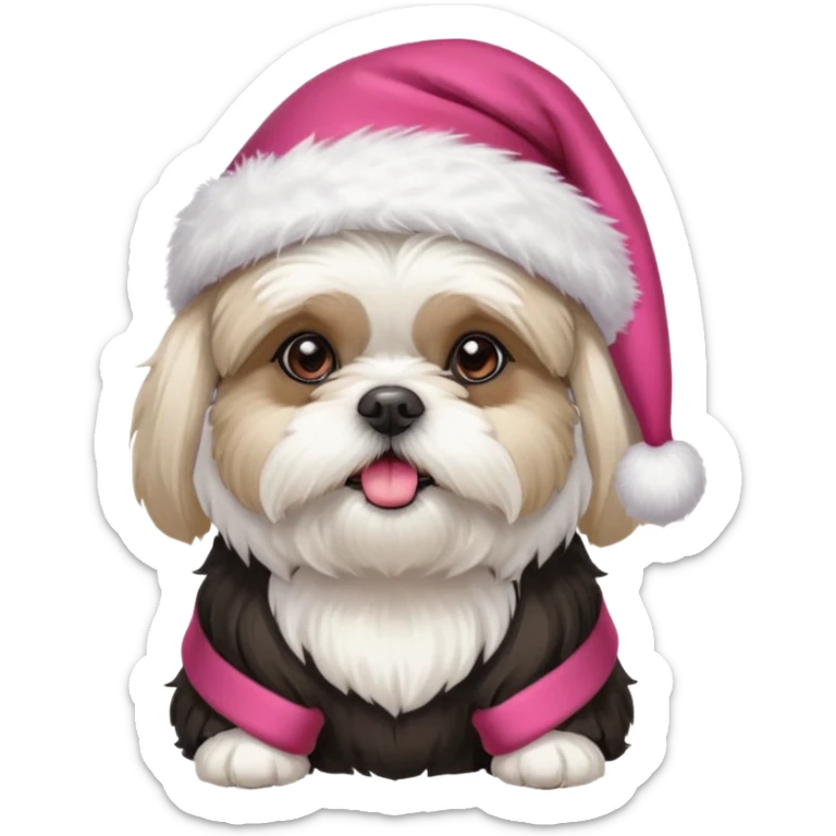 one little white all over shih tzu dog with pink santa hat and one mostly white with black havanese dog wearing a red santa hat sticker